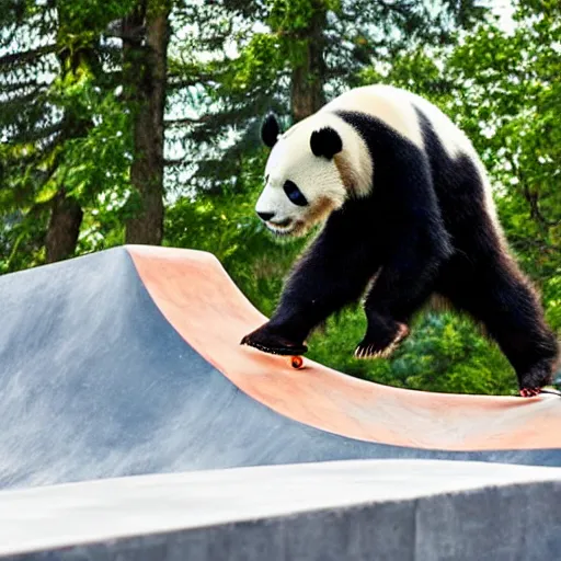 Image similar to a very cool panda bear on a skateboard doing a kickflip in the skatepark. realistic photography, sport photography, sunny day, x - games