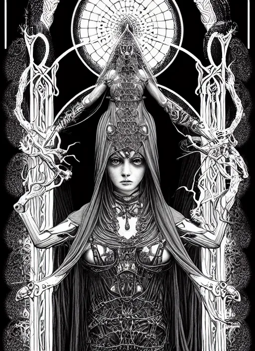 Image similar to beautiful priestess girl tarot card portrait, biomechanical, intricate artwork masterpiece, majestic, elden ring cinematic lighting, volumetric 8 k, by apollonia saintclair, josan gonzalez, gustave dore, edmund leighton, kilian eng, trending on cgsociety, 8 k