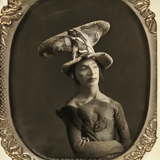 Image similar to a wet plate photo of a boa constrictor!!!! snake!!!!!!!!!!!!! wearing a tiny jester hat : : 5 h 7 6 0