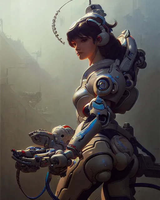 Image similar to d. va from overwatch, character portrait, concept art, intricate details, highly detailed by greg rutkowski, michael whelan and gustave dore