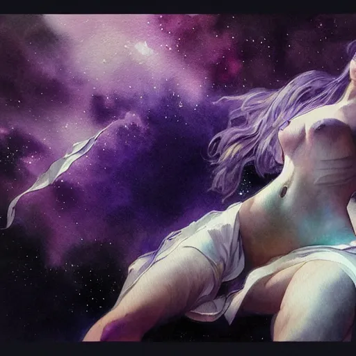 Prompt: Purple blue galaxy, Watercolor, photorealistic, high resolution, award winning, trending on artstation, intricate, elegant, highly detailed, digital painting, artstation, concept art, smooth, sharp focus, illustration, art by artgerm and greg rutkowski and alphonse mucha