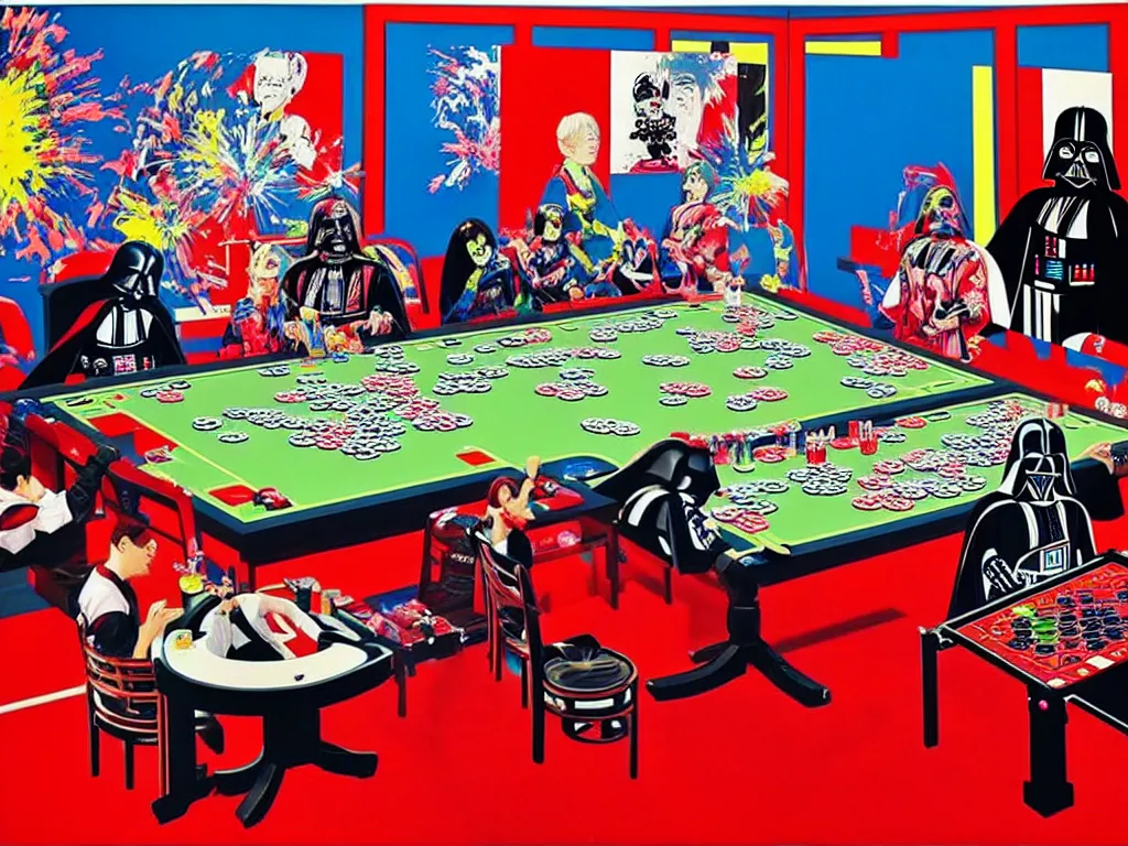 Image similar to hyper - realistic composition of a large room with an extremely detailed poker table in the center, woman in traditional japanese kimono standing nearby, darth vader sitting at the table, fireworks in the background, pop art style, jackie tsai style, andy warhol style, acrylic on canvas, dull palette