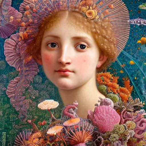 Prompt: hyperrealistic detailed portrait of a girl, with flowers, butterflies, corals, sea kelp, sea plants, starfish, jellyfish, bacteria, beetles, golden filigree, art by ernst haeckel, john william godward, hammershøi, alphons mucha, pontormo, ornamental, decorative, art nouveau, lights by hopper, pastel colours,