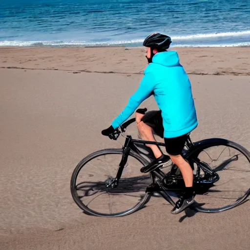 Prompt: deliveroo rider on a bike riding on a beach