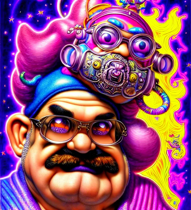 Image similar to lisa frank pattern fantasy character portrait of wario from mario brothers, ultra realistic, wide angle, intricate details, blade runner artifacts, highly detailed by peter mohrbacher, wayne barlowe, boris vallejo, hajime sorayama aaron horkey, gaston bussiere, craig mullins