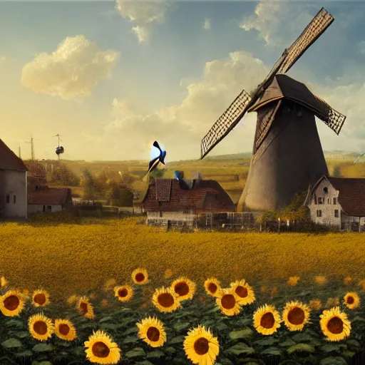 Image similar to a portrait of an sunny town full of sunflowers and villages and an windmill in the middle, Matte painting , detailed painting, made by Greg Rutkowski, 4k resolution, atmospheric, extremely high detail