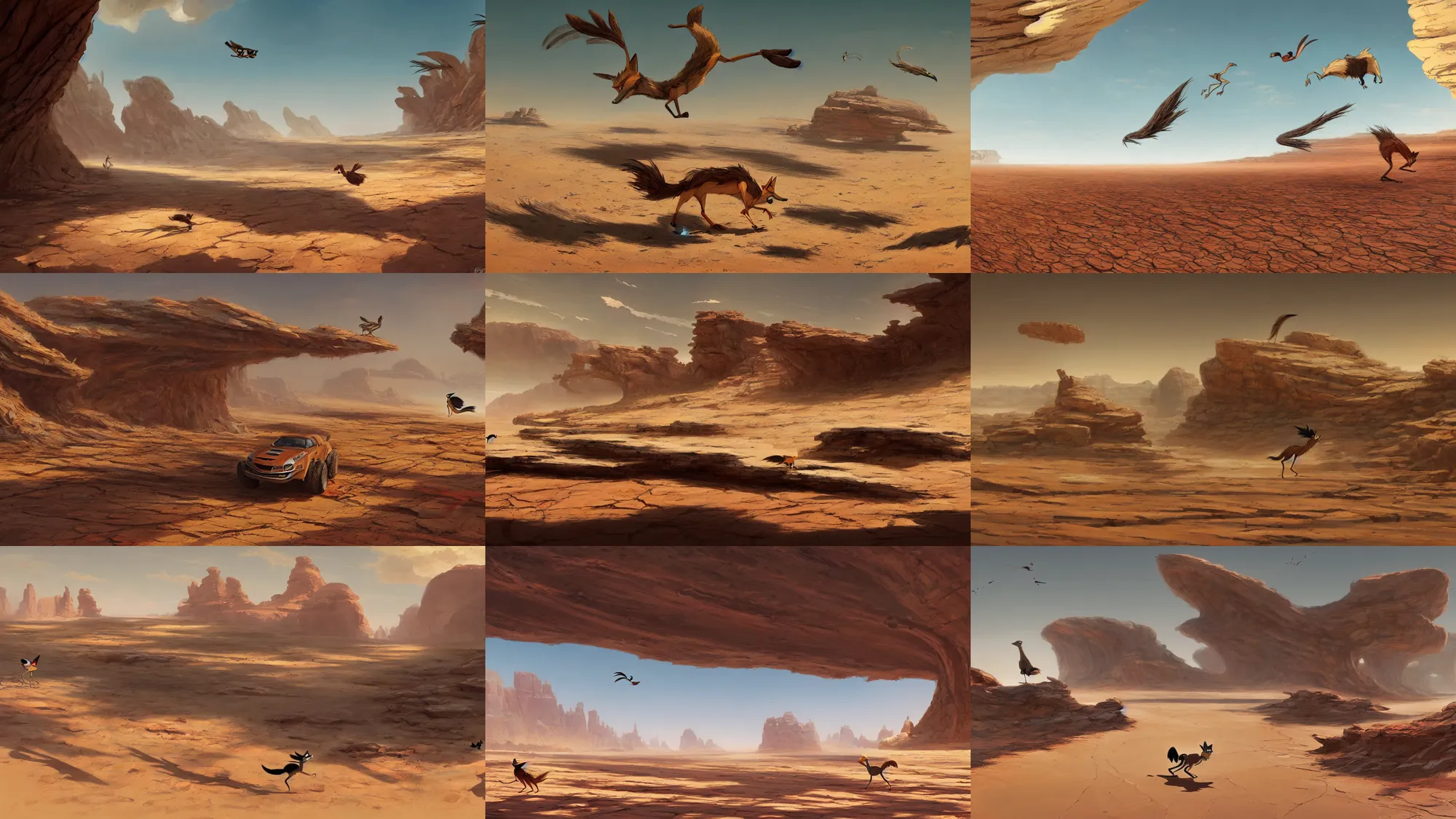 Image similar to wile e coyote chasing roadrunner across the open sand, karst landscape desert, wide shot, concept art by greg rutkowski