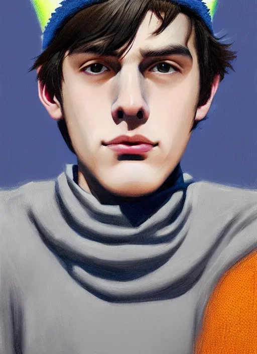 Image similar to portrait of teenage jughead jones wearing a light grey crown, crown, blue turtleneck, 1 9 5 0 s, closed eyes, photorealistic, black hair, glowing lighting, intricate, elegant, glowing lights, highly detailed, digital painting, artstation, concept art, smooth, sharp focus, illustration, art by wlop, mars ravelo and greg rutkowski