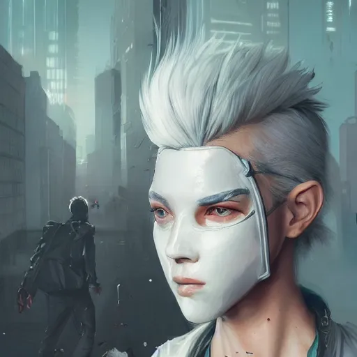 Image similar to very cool girl white hair girl with mask, streetwear, techwear, cyberpunk style outfit, full body, nose piercing, detailed portrait, intricate complexity, by greg rutkowski, cushart krentz, artgerm, ross tran, conrad roset, takato yomamoto, ilya kuvshinov. 4 k, beautiful, cinematic dramatic atmosphere, portrait lighting