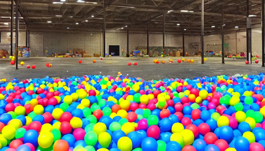 Prompt: an empty warehouse, in the middle is an inflatable kiddie pool filled with colorful plastic balls, grainy photo, liminal space