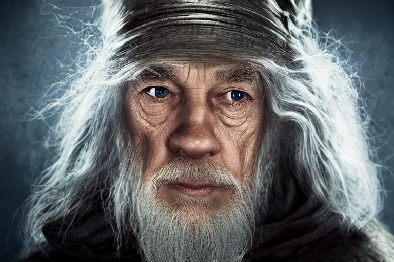 Prompt: gandalf intensely focused playing Call of Duty on the xbox, sitting in a gamers chair, close up of face, high details, wrinkles, reflection in his eyes, shadows, low angle photograph, blue light from monitor, dark room, cold colors, photo by annie leibovitz