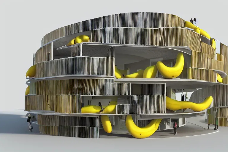 Image similar to architecture concept of a building shaped like a banana, architecture magazine, detailed render