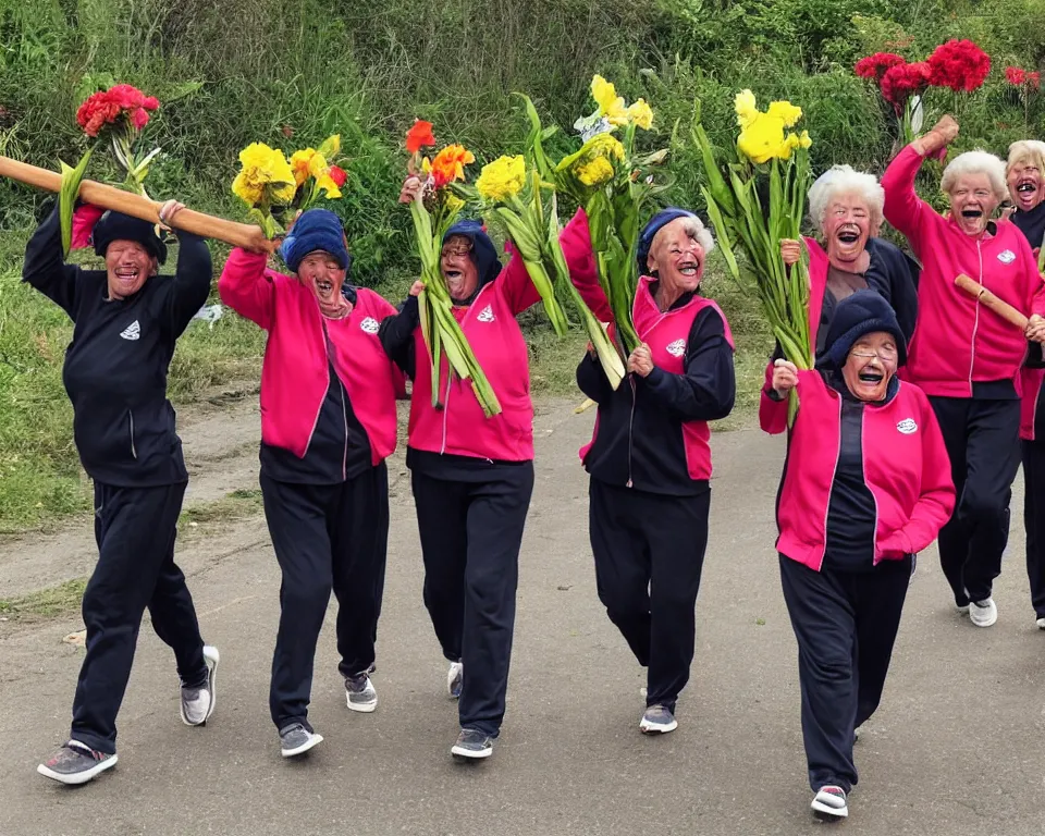Prompt: a gang of old ladies waving machetes, and carrying flowers, and wearing Umbro track suits laughing maniacally and screaming