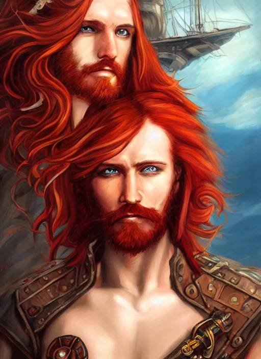 Image similar to an epic fantasy comic book style portrait painting of a long haired, red headed male sky - pirate in front of an airship in the style of eve ventrue