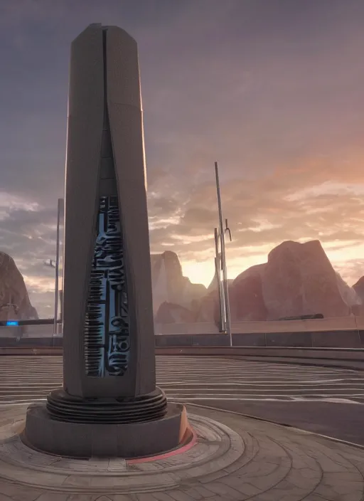 Prompt: highly detailed photo of a high tech futuristic tall stele standing on the road ring made in unreal engine 4
