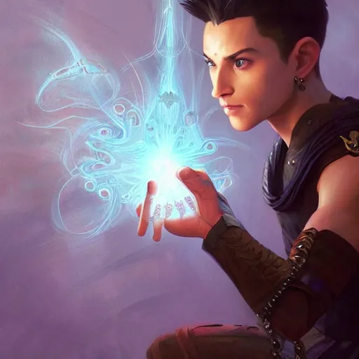 Image similar to character concept portrait of a handsome young wizard with olive skin and buzzed short spiky hairstyle casting a glowing spell with glowing runes, a floating iridescent spell book, intricate, elegant, digital painting, concept art, smooth, sharp focus, illustration, from Metal Gear, by Ruan Jia and Mandy Jurgens and Artgerm and William-Adolphe Bouguereau