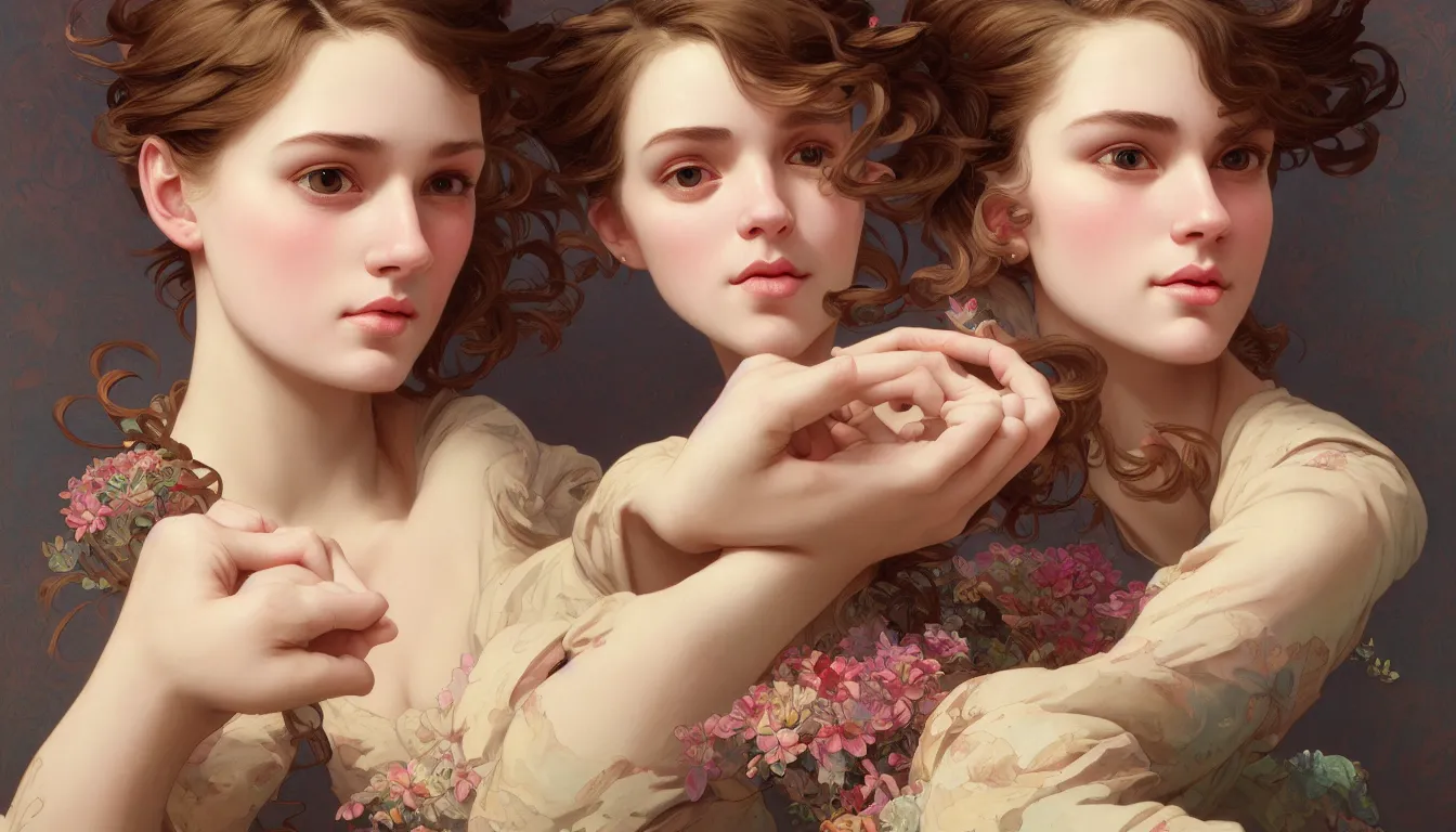 Prompt: excellent painted portrait of pretty girl with upturned nose, high quality masterpiece painted, patterned background by james jean, 4 k, trending on artstation, octane render, art by james jean and artgerm and greg rutkowski and alphonse mucha and craig mullins and james jean and andrei riabovitchev and marc simonetti and peter mohrbacher