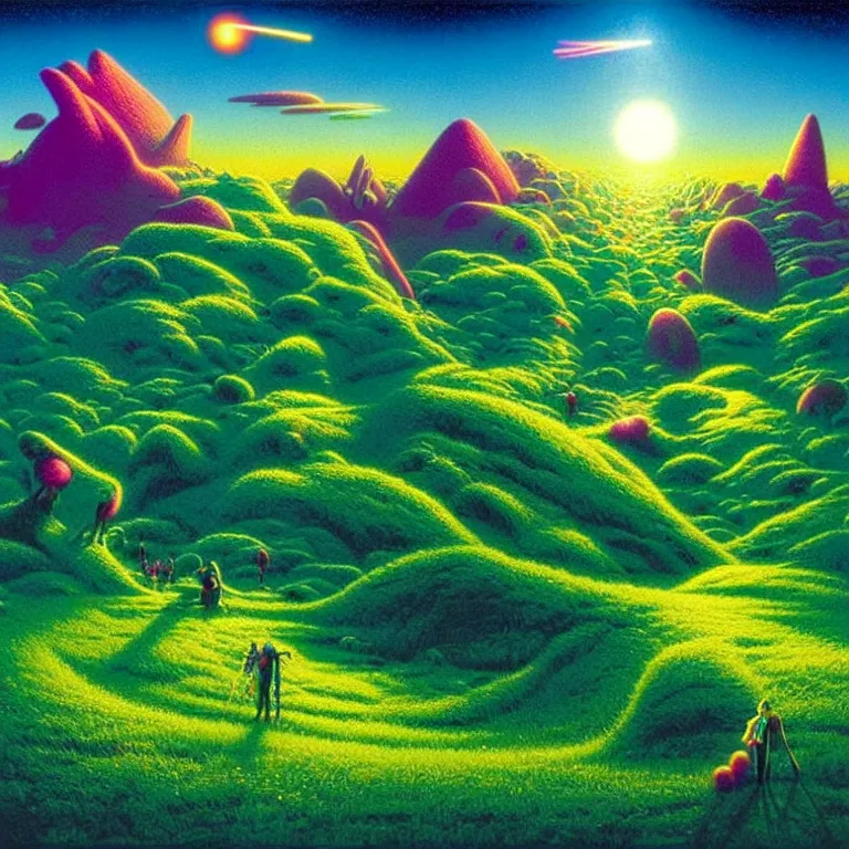 Image similar to shimmering molecules hovering over lush landscape, infinite crystal ascent, synthwave, bright neon colors, highly detailed, cinematic, panoramic, tim white, michael whelan, roger dean, bob eggleton, lisa frank, vladimir kush, kubrick, kimura, isono