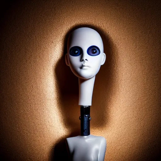 Image similar to A lightly-tanned!!!!! mannequin-esque figure with white-glowing!!!!! eyes, in a dark!!!!! room, staring!!!!! into the camera, creepy atmosphere, eerie art style, photorealistic!!!!! facial features, close-up!!!!!, macro image!!!!!, trending on artstation, 4k, 8k