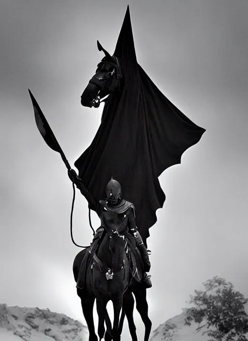 Image similar to A tall and evil shape, mounted upon a black horse… The rider was robed all in black, and black was his lofty helm metal helmet lotr