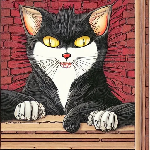 Image similar to vampire cat, inside a frame on a tiled wall, frontal picture, by yoichi hatakenaka, masamune shirow, josan gonzales and dan mumford