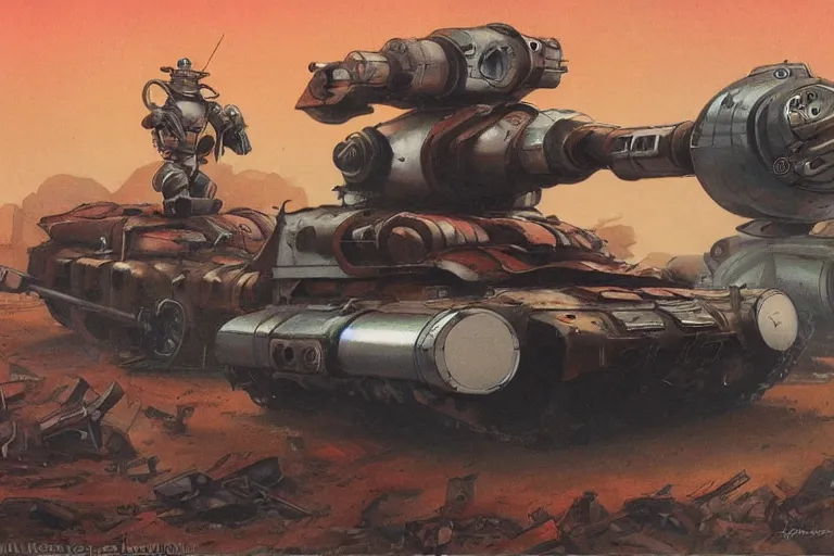 Prompt: 1 9 5 0's retro future robot android battle tank, dramatic moment, muted colors by jean baptiste monge, chrome red,