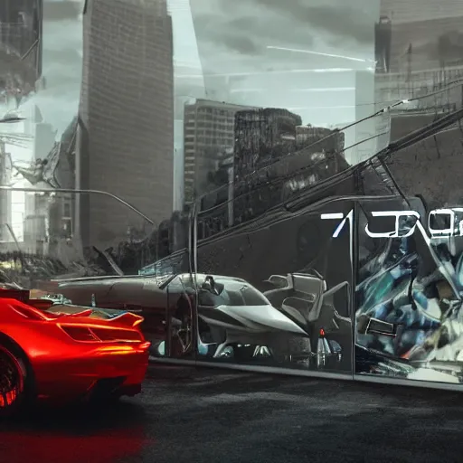 Image similar to sci-fi wall structure logotype and car on the coronation of napoleon painting and digital billboard in the middle, unreal engine 5, keyshot, octane, artstation trending, ultra high detail, ultra realistic, cinematic, 8k, 16k, in style of zaha hadid, in plastic, dark, tilt shift,