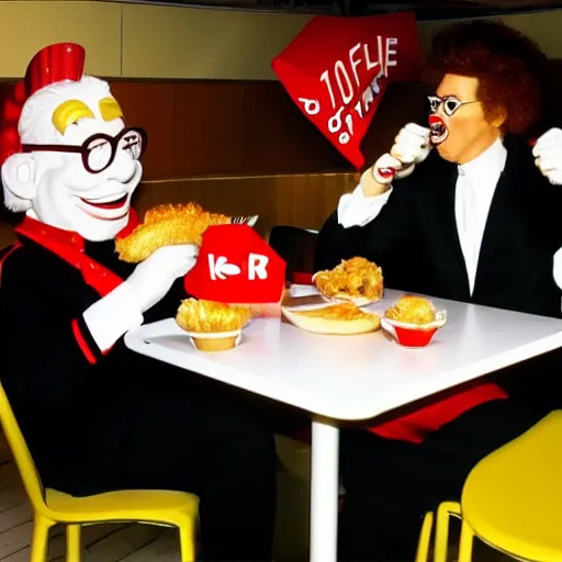 Prompt: Ronald McDonalds eating in a KFC with the Colonel