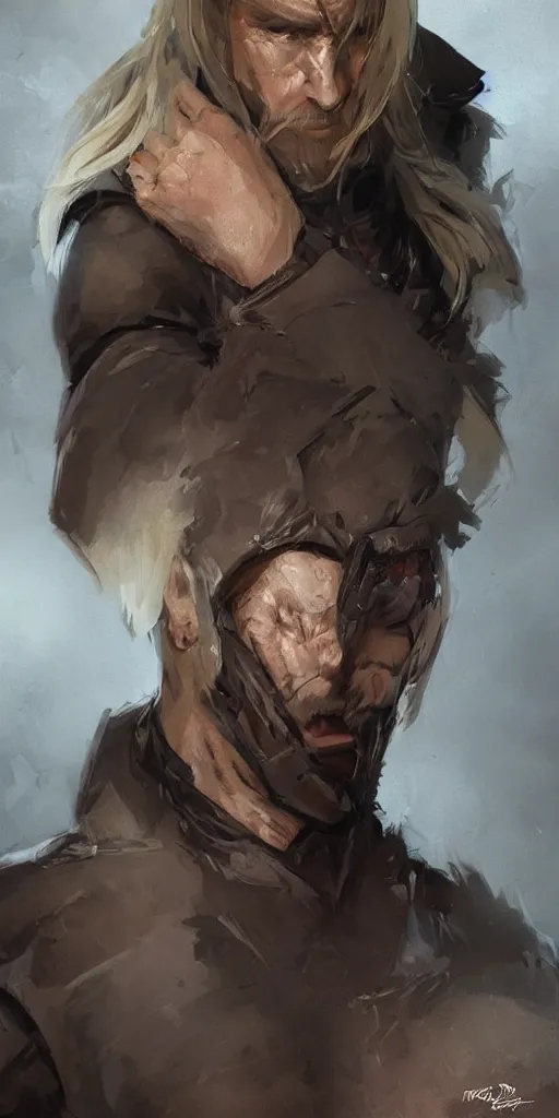 Image similar to portrait of a muscular, grim, ponytail haired blonde man in his late 30's, wearing a thick brown leather coat, looking to his side, half of the face scarred, hunter, DnD character, fantasy character, digital art by Ruan Jia, Krenz Cushart, Rossdraws and Boris Vallejo