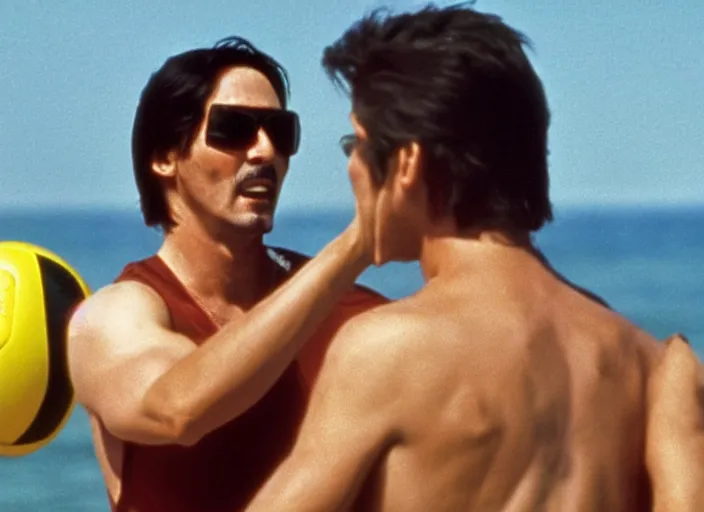 Prompt: film still of Keanu Reeves as Maverick playing beach volleyball in Top Gun 1986