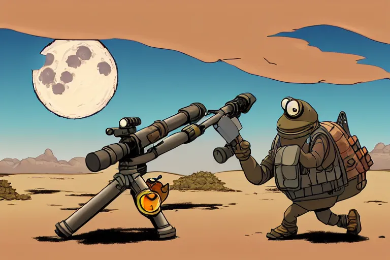 Image similar to a study of a cell shaded cartoon toad firing a bazooka on a desert road in front of a big moon, full body, wide shot, very muted colors, post grunge, studio ghibli, laurie greasley, highly detailed, deviantart, art by artgem