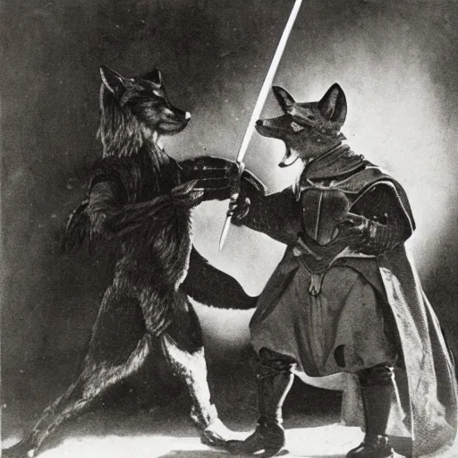 Prompt: anthropomorphic fox man fights in front of a castle against evil knight who is twice as tall, 1910s film scene