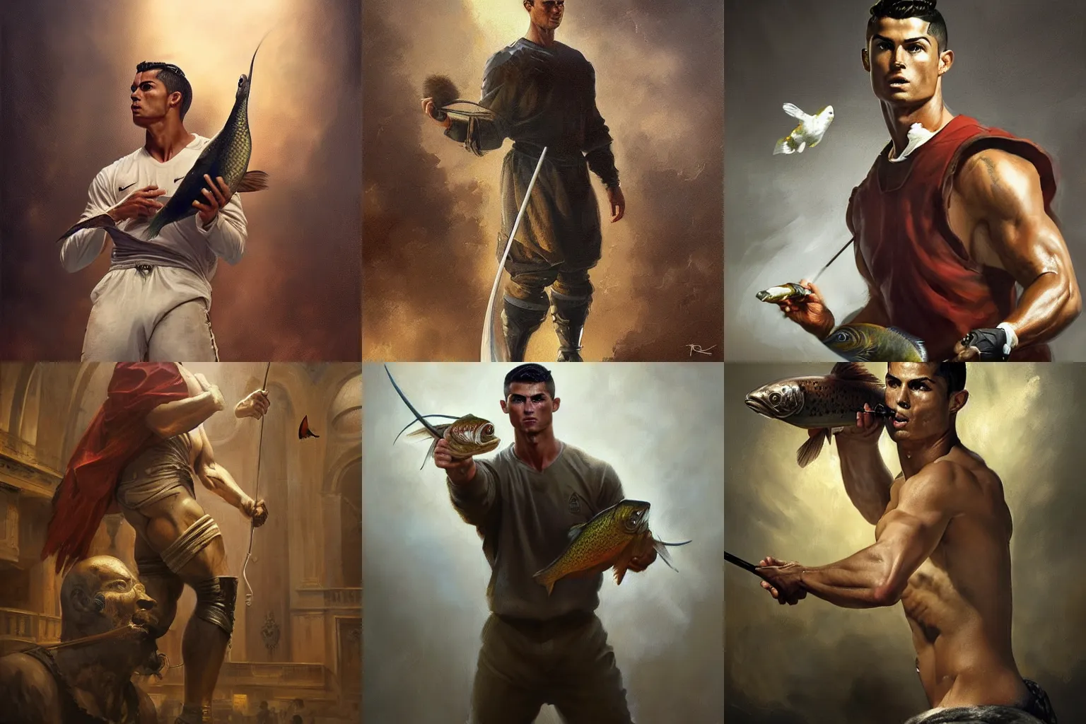 Prompt: Beautiful oil painting depicting Cristiano Ronaldo in court holding a trout, Lucas Graziano, Frank Frazetta, Greg Rutkowski, Boris Vallejo, epic fantasy portrayal of characters, exquisite details, post-processing, low angle, masterpiece, cinematic