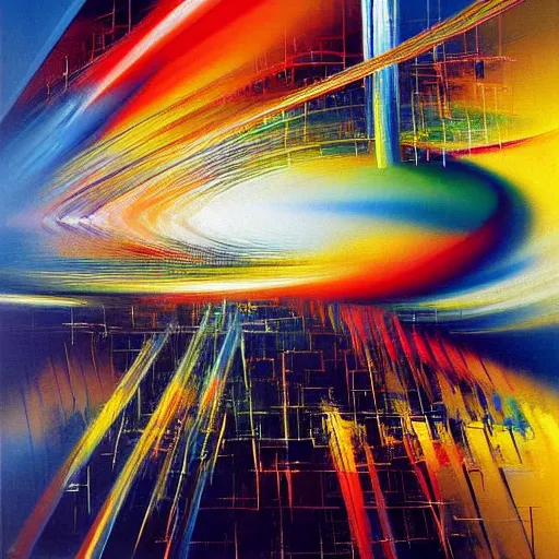 Image similar to abstract art representing momentum, oil painting by john berkey and gabriel dawe, masterwork