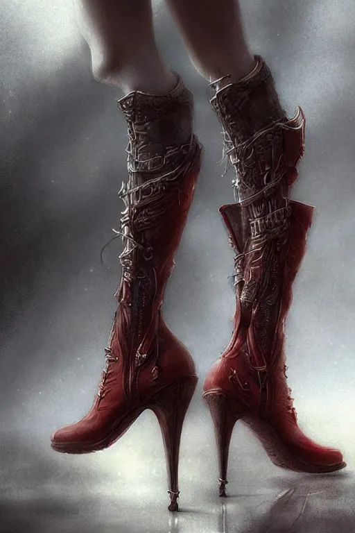 Image similar to « short red women's boots, shoes only, by wlop, by luis royo, by peter mohrbacher, concept art, digital illustration, intricate, masterpiece, elegant, super detailed, unreal engine rendering, smooth, sharp focus, artstation hq »