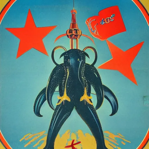 Prompt: A vintage soviet poster featuring C'thulhu, by Keith Munro and Fernanda Cursio and Sergei Shirobokov