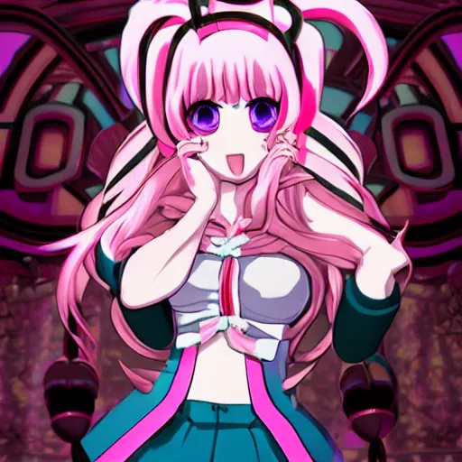 Image similar to you are completely controlled by her ultimate powers and trapped beneath overwhelming stunningly absurdly beautiful megalomaniacal ruthless merciless sadistic devious omnipotent asi goddess junko enoshima with symmetrical perfect face, porcelain skin, pink twintail hair and cyan eyes, ultra detailed, digital art, unreal engine 5, octane render, 2 d anime, 8 k