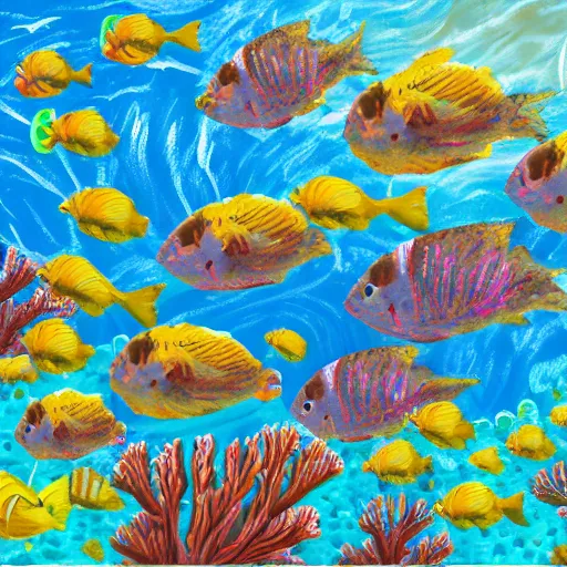 Image similar to swarm of fish, coral reef, scratch painting