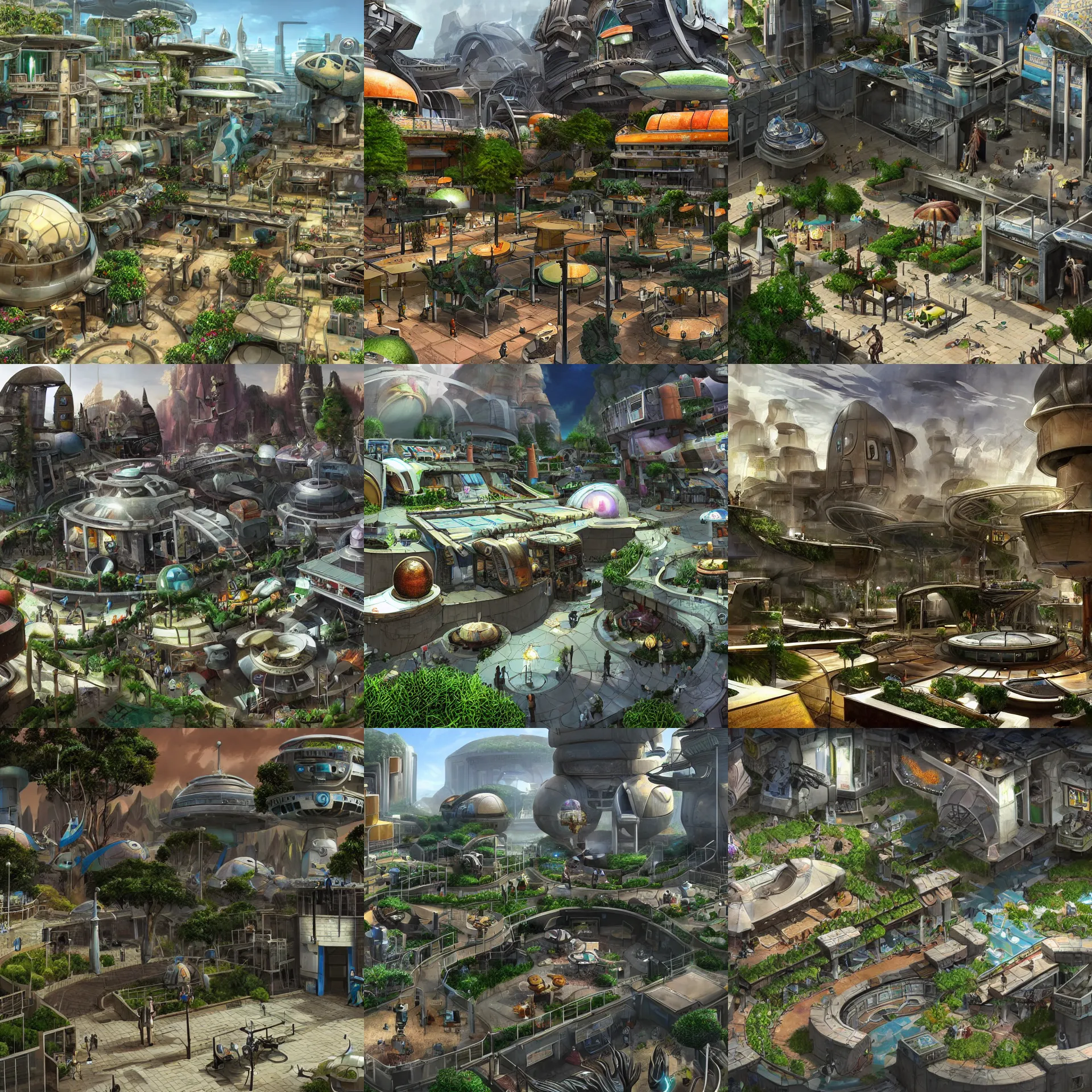 Prompt: a open plaza area with a restaurant at the side, in a small colony, with buildings made from modular capsules, on an alien grassland, on an alien planet, from a space themed point and click 2 d graphic adventure game, set design inspired by hg giger and ridley scott and tomb raider, art inspired by thomas kinkade