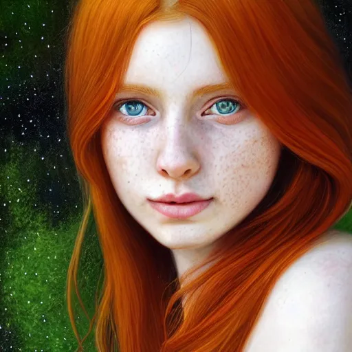 Prompt: a highly detailed, hyper realistic, red haired young woman, with long hair, green eyes, hint of freckles, gentle face, cheeky smile, among golden fireflies, deep focus, elegant, digital painting, smooth, sharp focus, golden ratio, illustration, ultra realistic, 8 k, art by artgerm and caravaggio