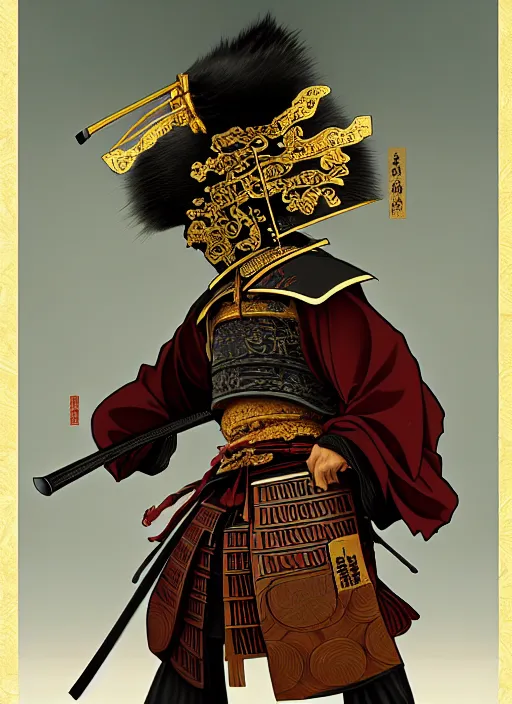 Image similar to anthropomorphic samurai bear, dramatic pose, diffuse lighting, fantasy, intricate, highly detailed, lifelike, photorealistic, digital painting, artstation, illustration, concept art, smooth, sharp focus, art by alphonse mucha and kitagawa utamaro and ogata korin and aya takano