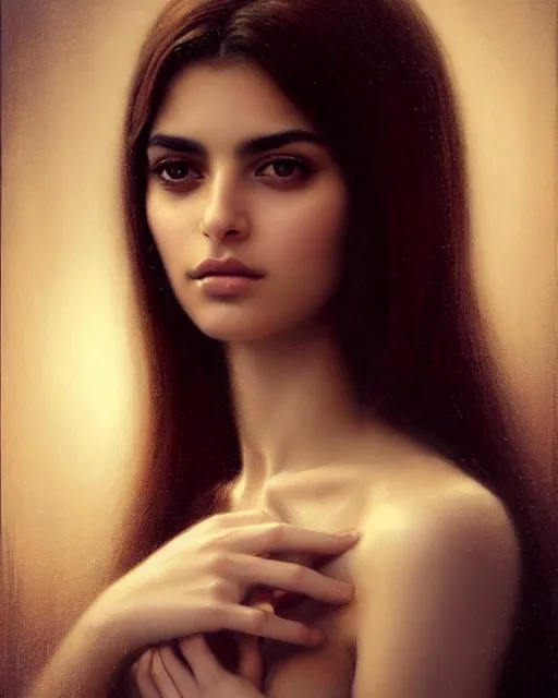 Image similar to a highly realistic, true to life portrait of a beautiful young middle eastern girl, soft focus, from the waist up, with sharp features, a beautiful face, soft smile, under studio lighting, taken with a canon eos camera with 1 3 5 mm focal length, art by karol bak, james jean, tom bagshaw, trending on artstation,