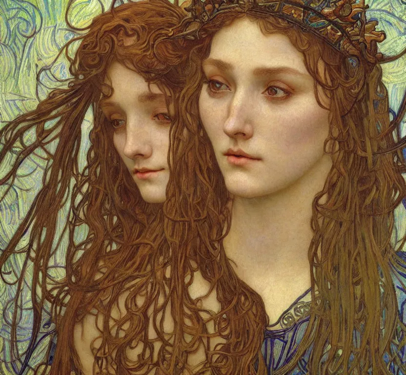 Image similar to detailed realistic beautiful young medieval queen face portrait by jean delville, alphonse mucha, vincent van gogh, and marco mazzoni, art nouveau, symbolist, visionary, gothic, pre - raphaelite