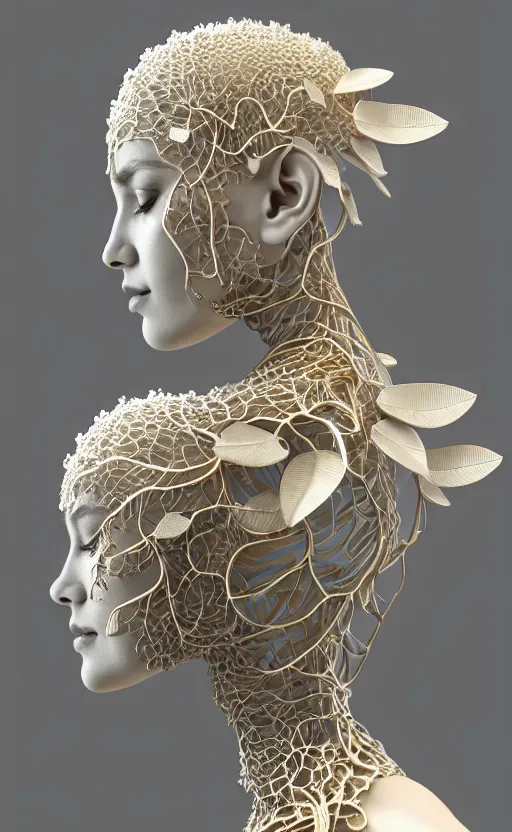 Image similar to complex 3d render of a beautiful porcelain profile woman face, vegetal dragon cyborg, 150 mm, beautiful natural soft light, rim light, silver gold details, magnolia leaves and stems, roots, fine lace, maze like, mandelbot fractal, anatomical, facial muscles, cable wires, microchip, elegant, highly detailed, white metallic armour, octane render, black and white, H.R. Giger style