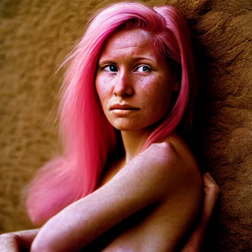 Image similar to a beautiful woman with pink hair and fair skin, portrait photograph, nikon 3 5 mm, photograph by annie leibovitz and steve mccurry,