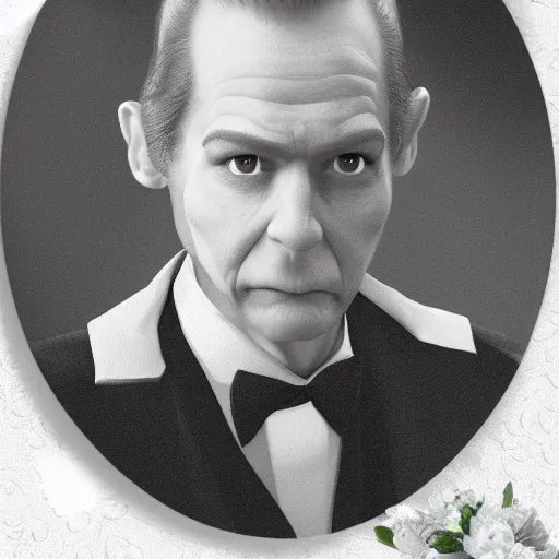 Image similar to photo realistic picture of older fantasy butler that looks similar to michael kane, handsome, 4 k, oil painting filter, balding, well dressed, full body portrait, pet rat on shoulder