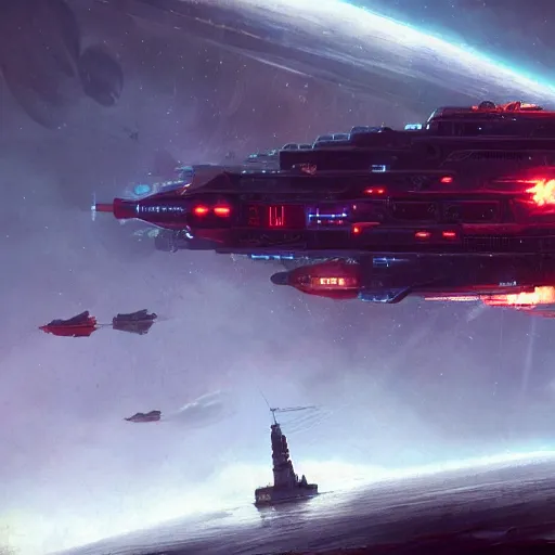 Prompt: futuristic, dreadnaught, battleship, concept art, by neil blevins