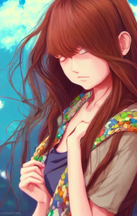 Image similar to a colorful scene of a girl with brown hair, anime, detailed background, female, trending on artstation, by studio ghibli