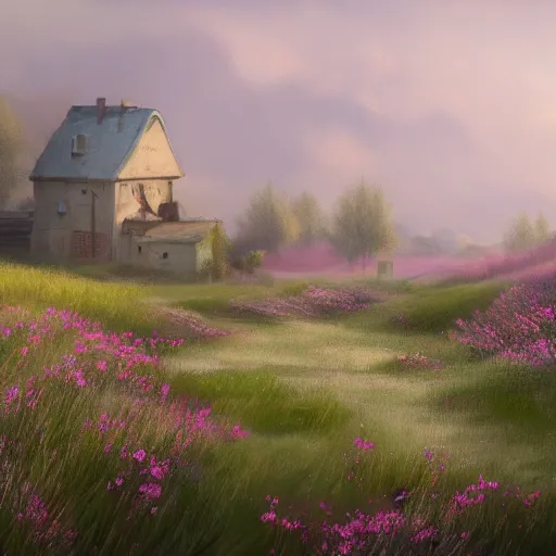 Image similar to a matte painting of a european prairie, cottages, foggy, patchy flowers, oil painting, pale colors, high detail, 8 k, wide angle, trending on artstation,