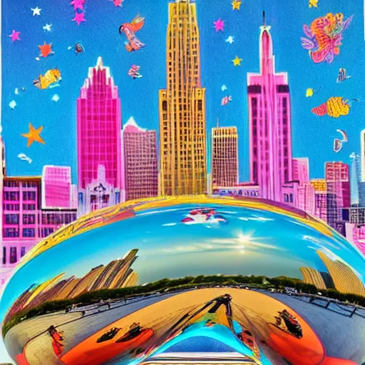 Image similar to queen of michigan invades chicago, illustrated by lisa frank, wide angle, scenic, radiant